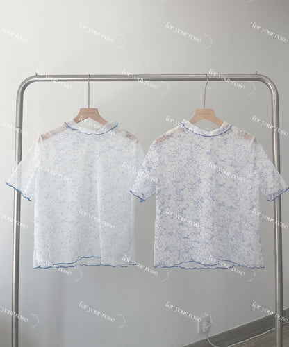 明線花花透膚感ruffle top｜2色入