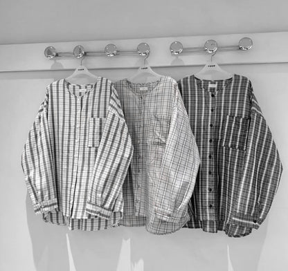 復古文青風口袋圓領格子恤衫｜3色入