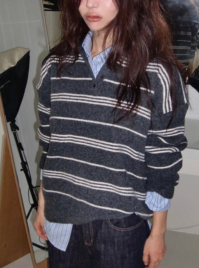 寬鬆鈕扣領羊毛針織衫｜8色入