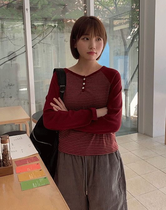 三鈕條紋牛角長袖TEE｜3色入