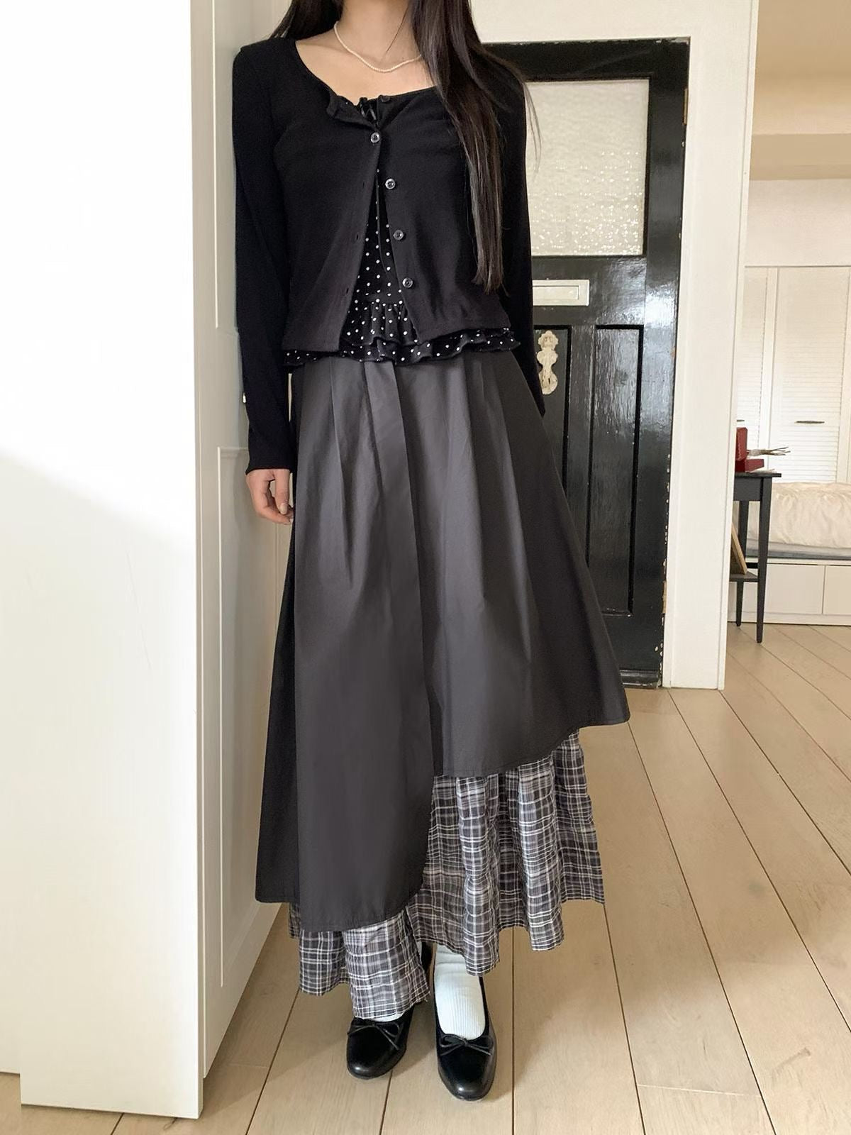 不規則拼格子打褶長裙｜2色入