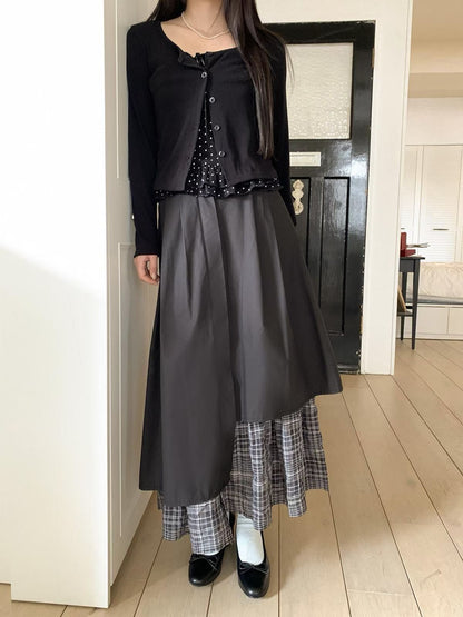 不規則拼格子打褶長裙｜2色入