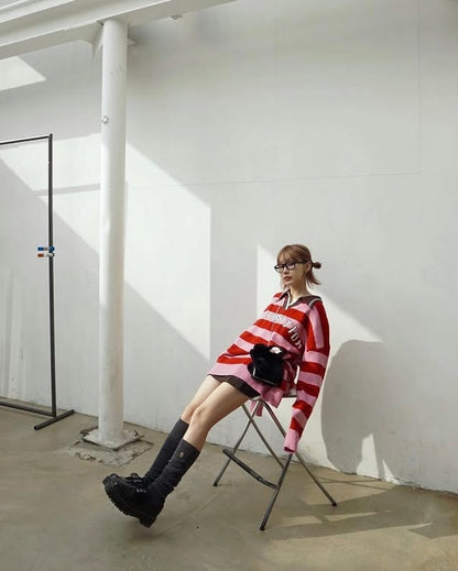 復古棒球風REPOSITION拼色針織上衣｜3色入