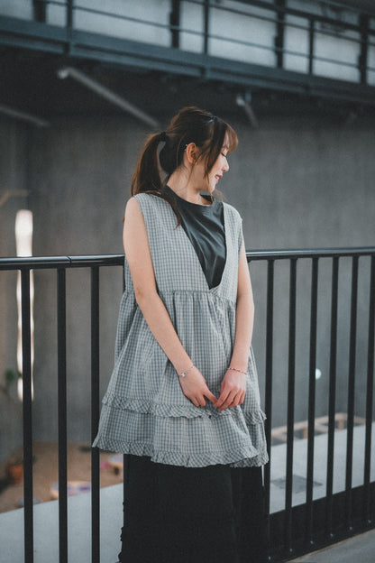 日系kawaii💓 RUFFLE小格紋綁帶背心｜4色入