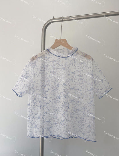 明線花花透膚感ruffle top｜2色入