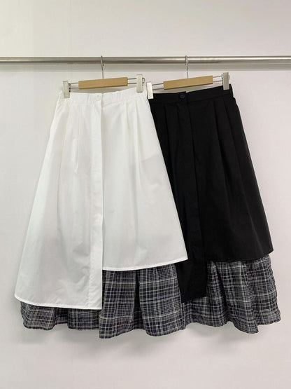 不規則拼格子打褶長裙｜2色入