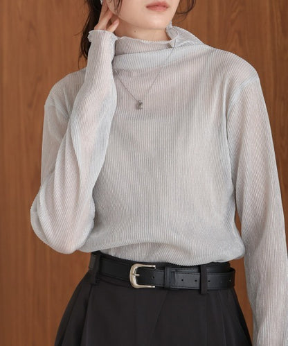 JP透明感🫧 細閃褶間透透高領上衣｜2色入