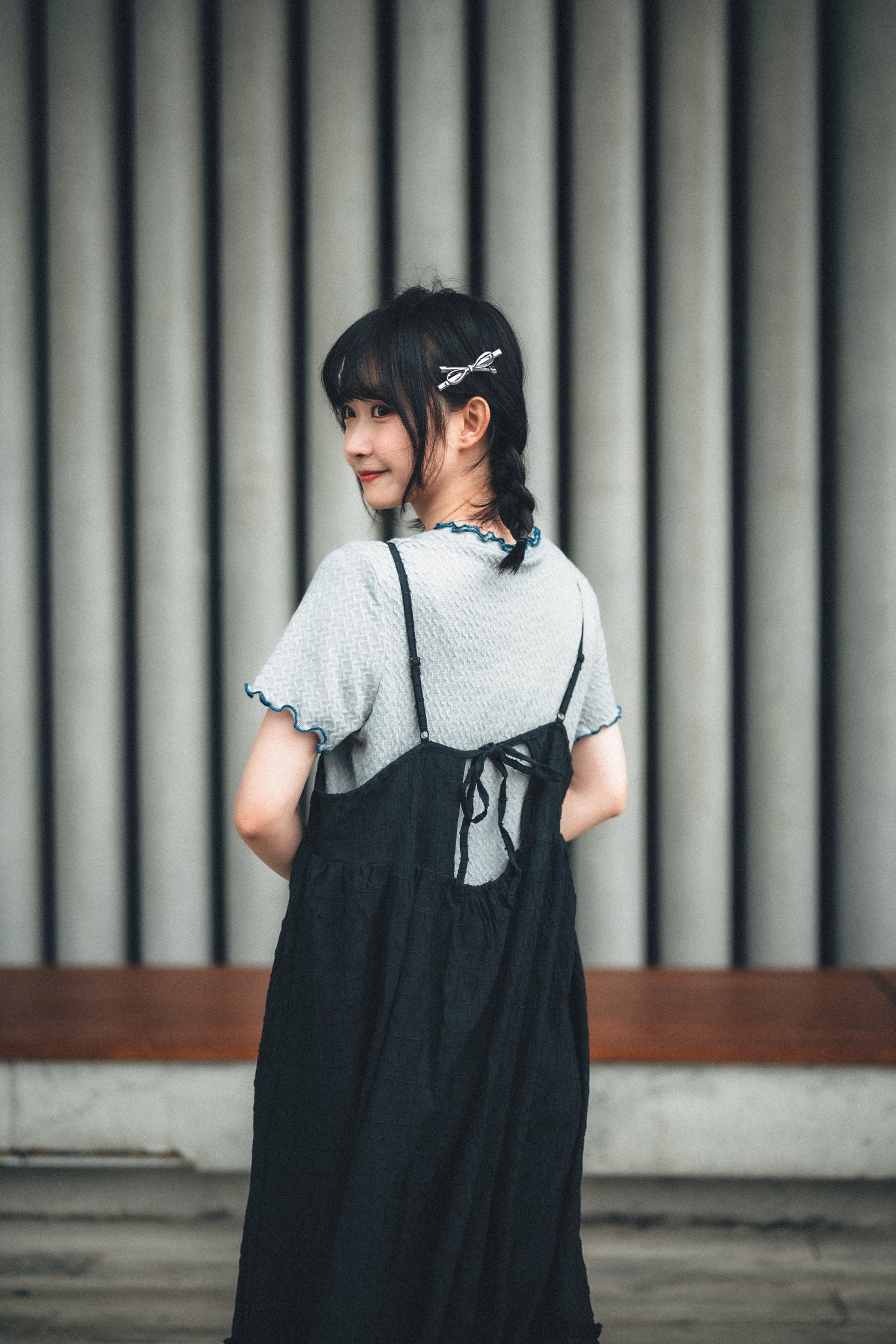 背綁帶壓格紋兩重Ruffle OPS｜3色入