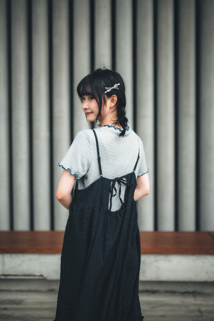 背綁帶壓格紋兩重Ruffle OPS｜3色入