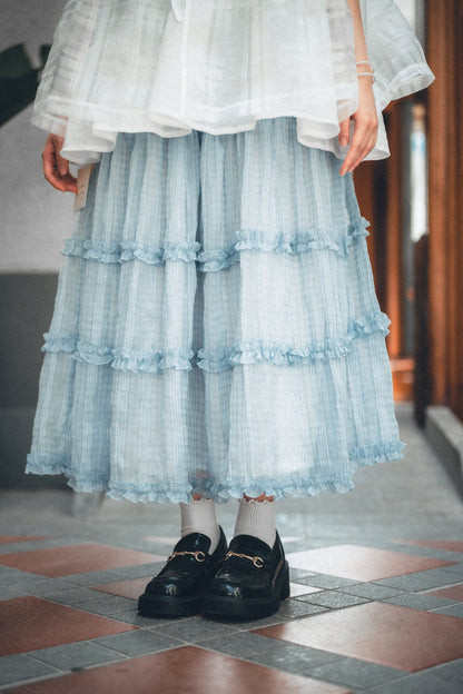 透紗格紋RUFFLE邊半身裙｜3色入