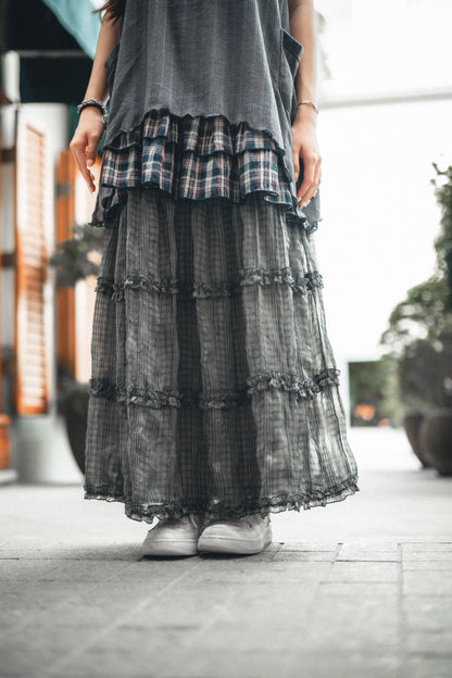 透紗格紋RUFFLE邊半身裙｜3色入