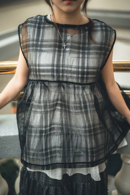 透紗珠光大格子紋背心layer｜3色入