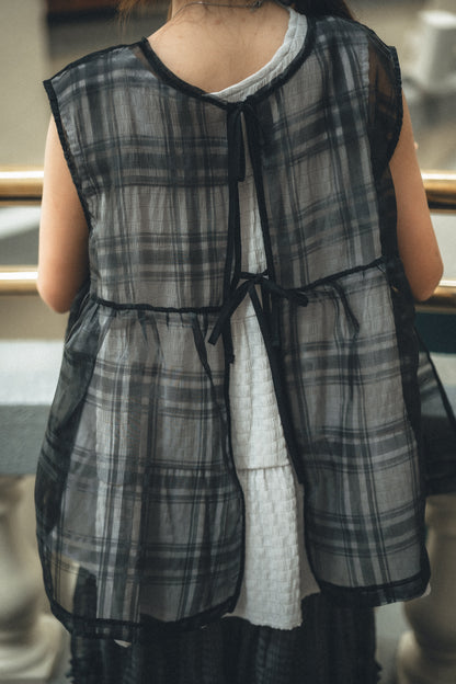 透紗珠光大格子紋背心layer｜3色入