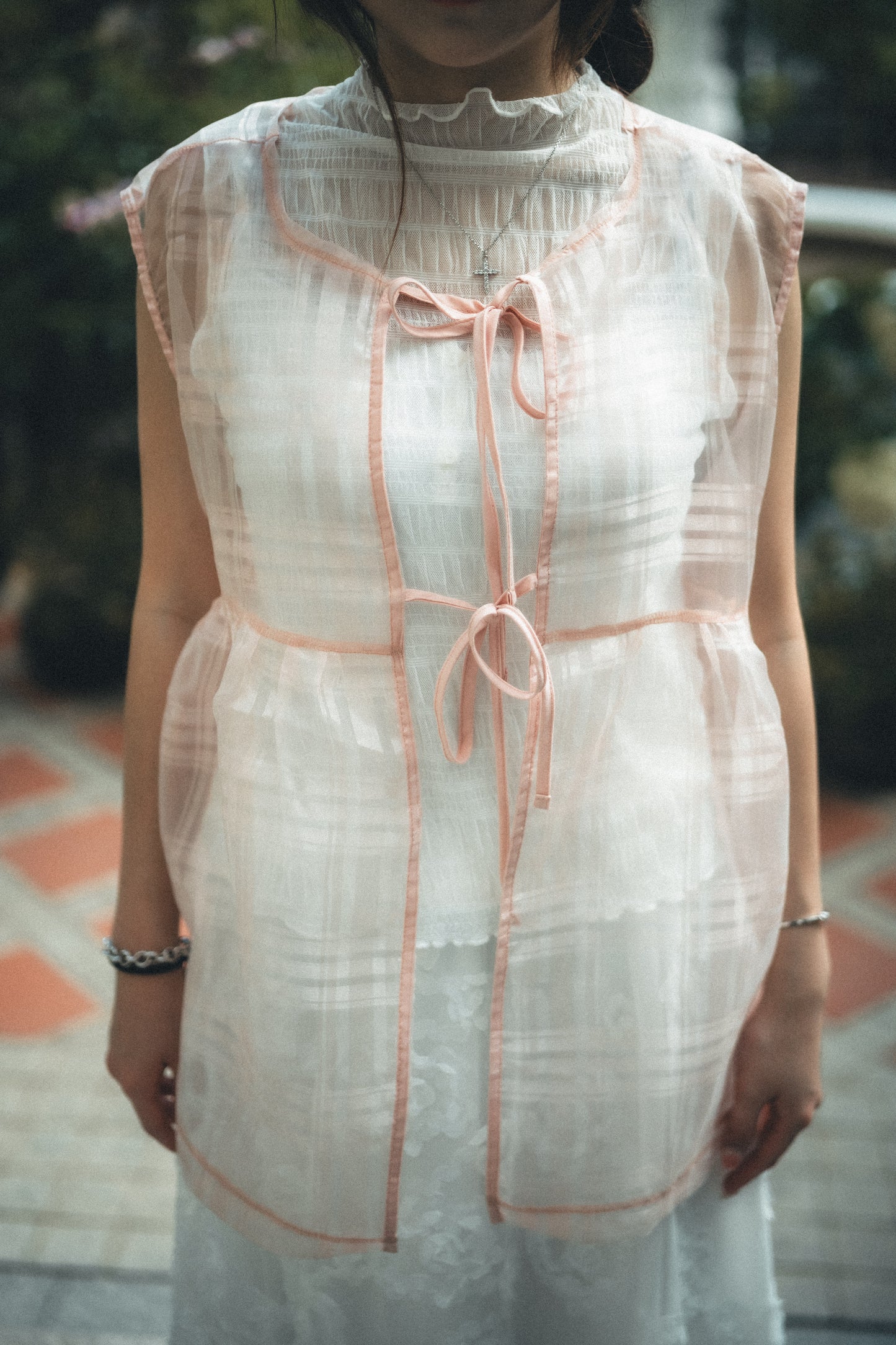 透紗珠光大格子紋背心layer｜3色入