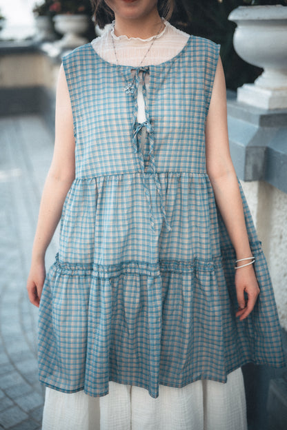 獨家！格紋ruffle綁帶馬甲背心｜2色入