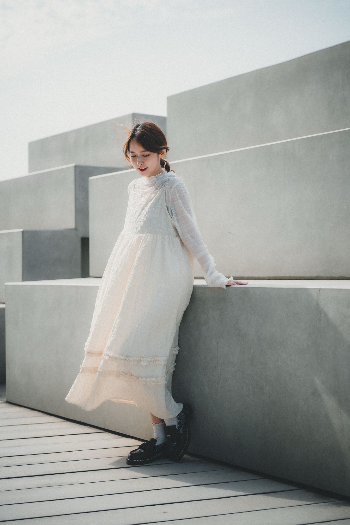 背綁帶壓格紋兩重Ruffle OPS｜3色入