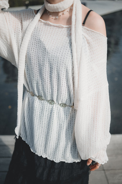 LOOSE FIT薄針織上衣 連圍巾set｜3色入