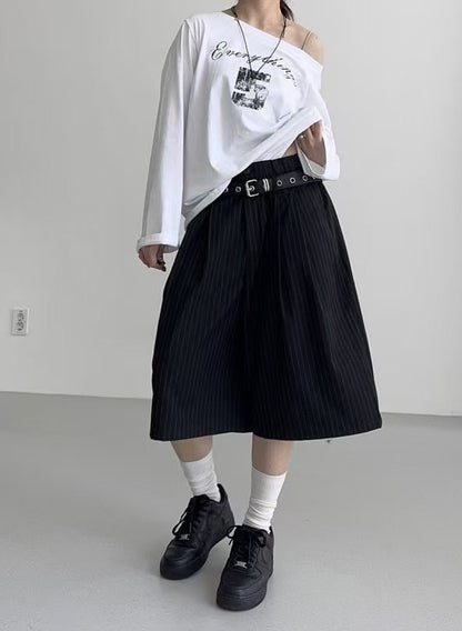 直條子六分西裝褲（連皮帶）｜2色入