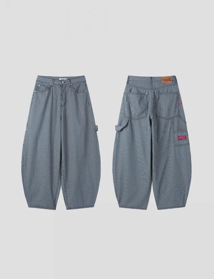 直條子工裝闊腳牛仔氣球褲｜1色入