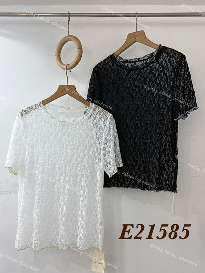 撞色捲邊Lace短袖Top｜2色入