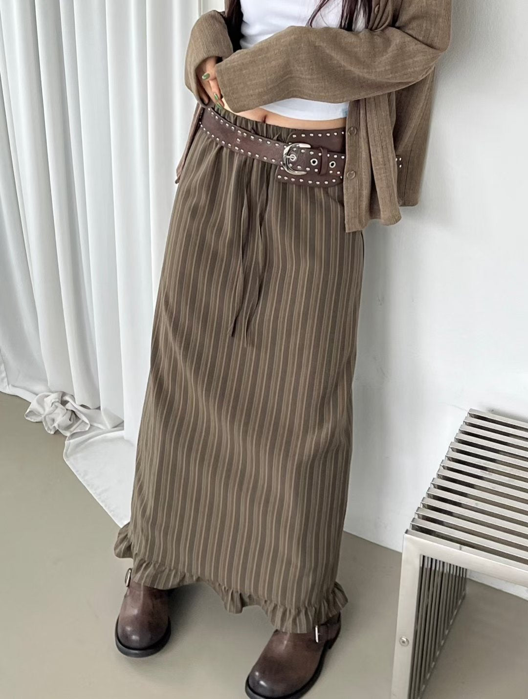 顯瘦直條紋後分岔半裙｜2色入