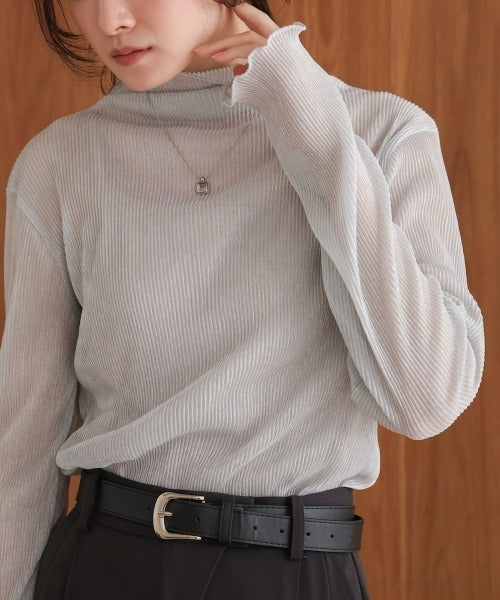 JP透明感🫧 細閃褶間透透高領上衣｜2色入