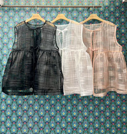 透紗珠光大格子紋背心layer｜3色入