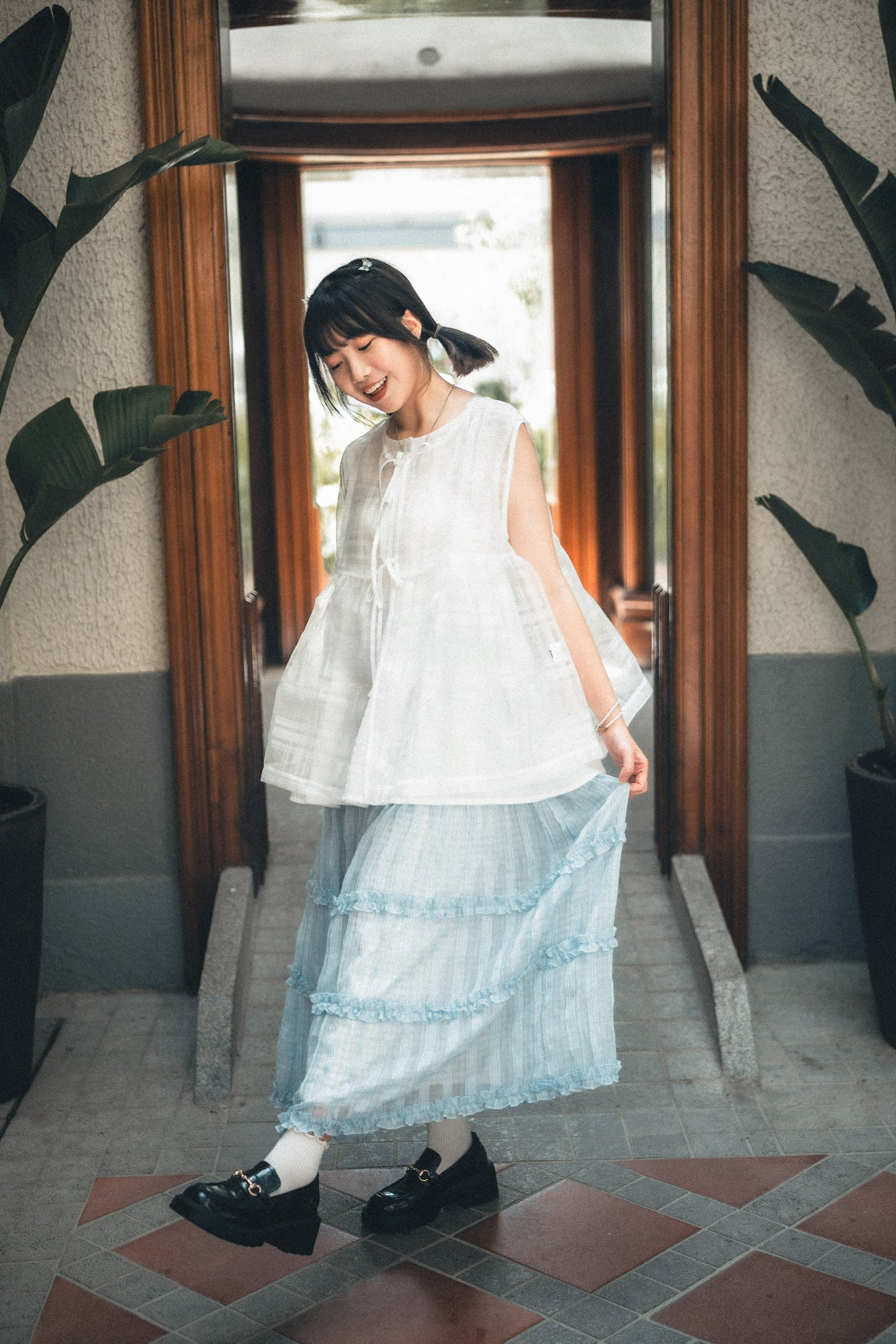 透紗格紋RUFFLE邊半身裙｜3色入