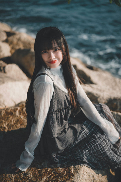 小菱格壓紋🔸荷葉吊帶layer｜3色入