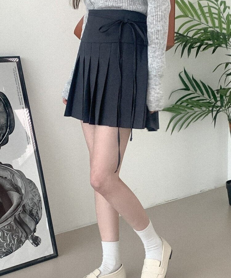 蝴蝶綁繩腰帶百褶短裙｜2色入