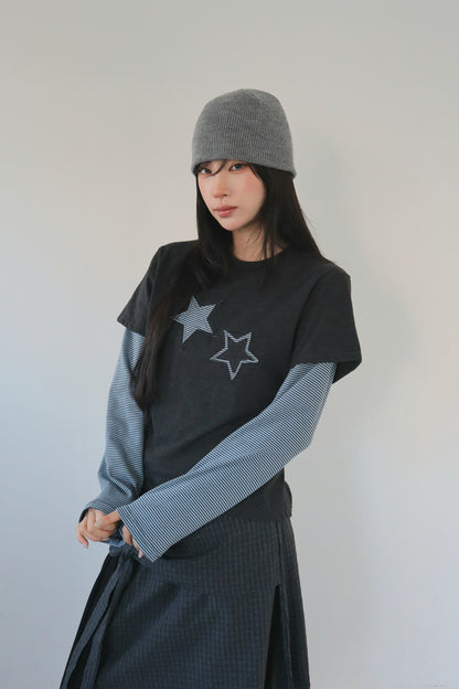 間條星星假兩件拼袖TEE｜3色入