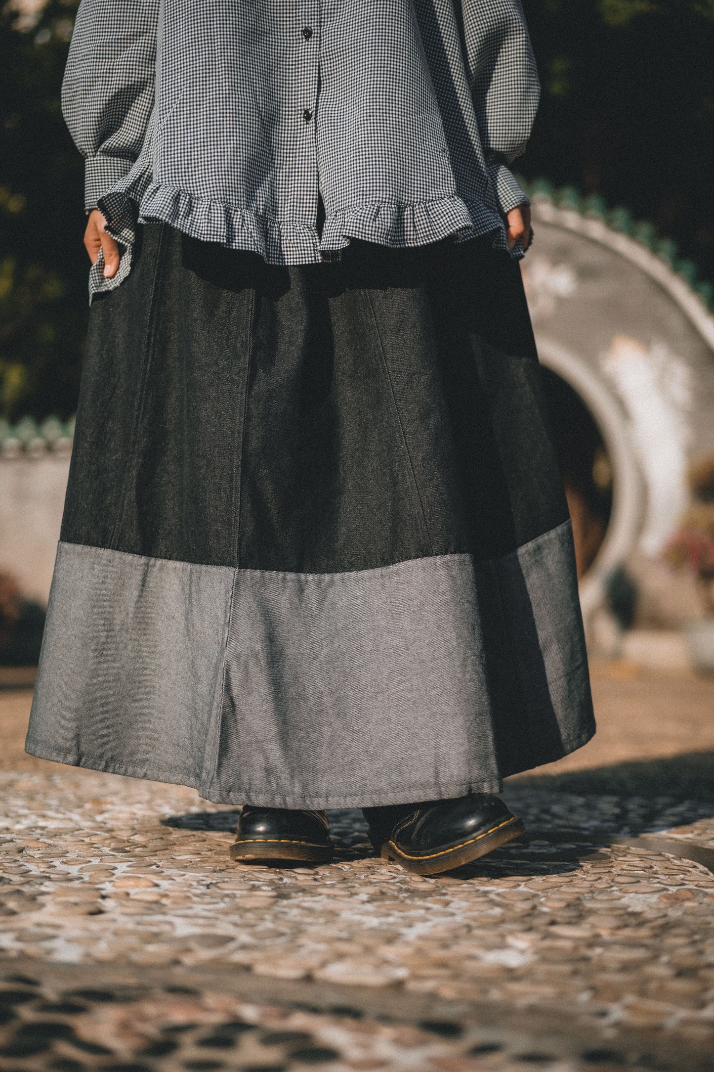 森系🌿 復古寬版拼色牛仔半裙｜2色入