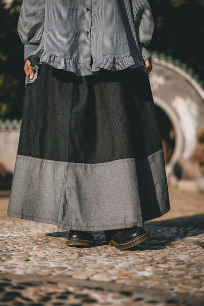 森系🌿 復古寬版拼色牛仔半裙｜2色入