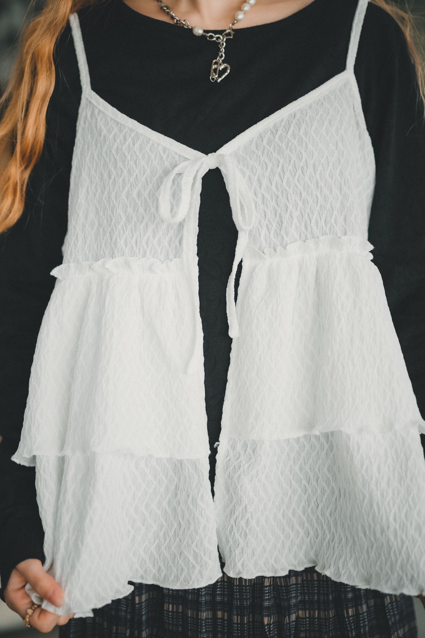 小菱格壓紋🔸荷葉吊帶layer｜3色入