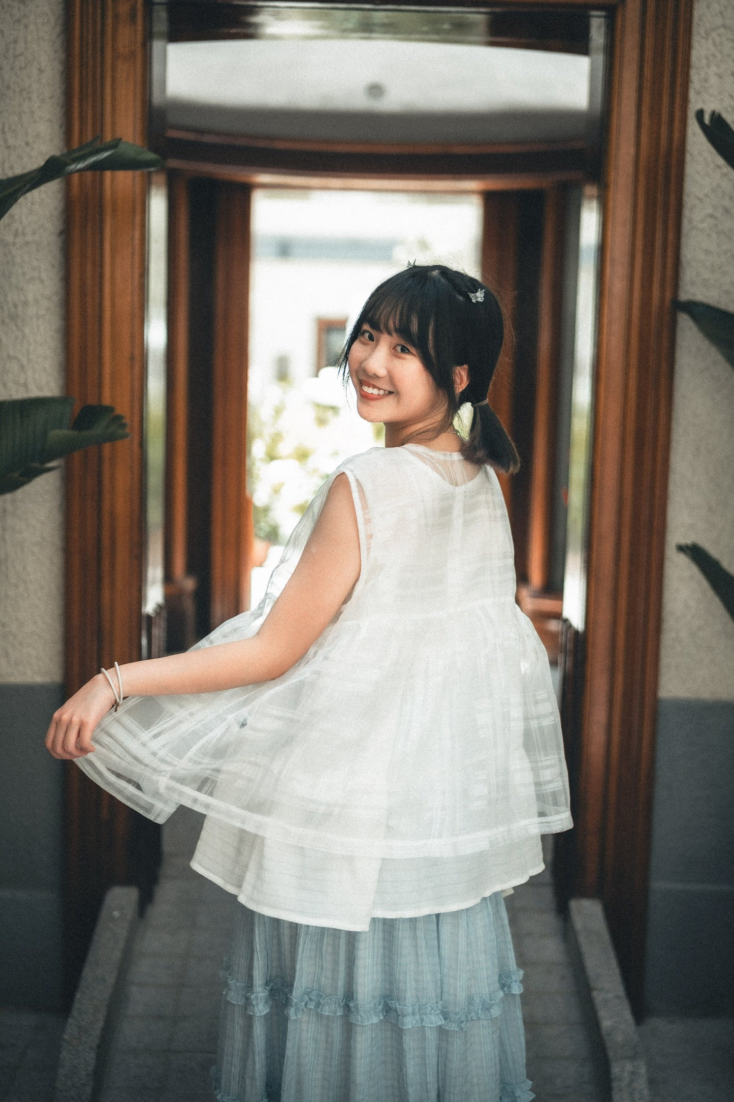 透紗珠光大格子紋背心layer｜3色入