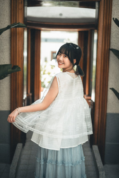 透紗珠光大格子紋背心layer｜3色入