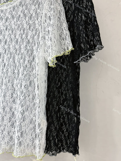 撞色捲邊Lace短袖Top｜2色入
