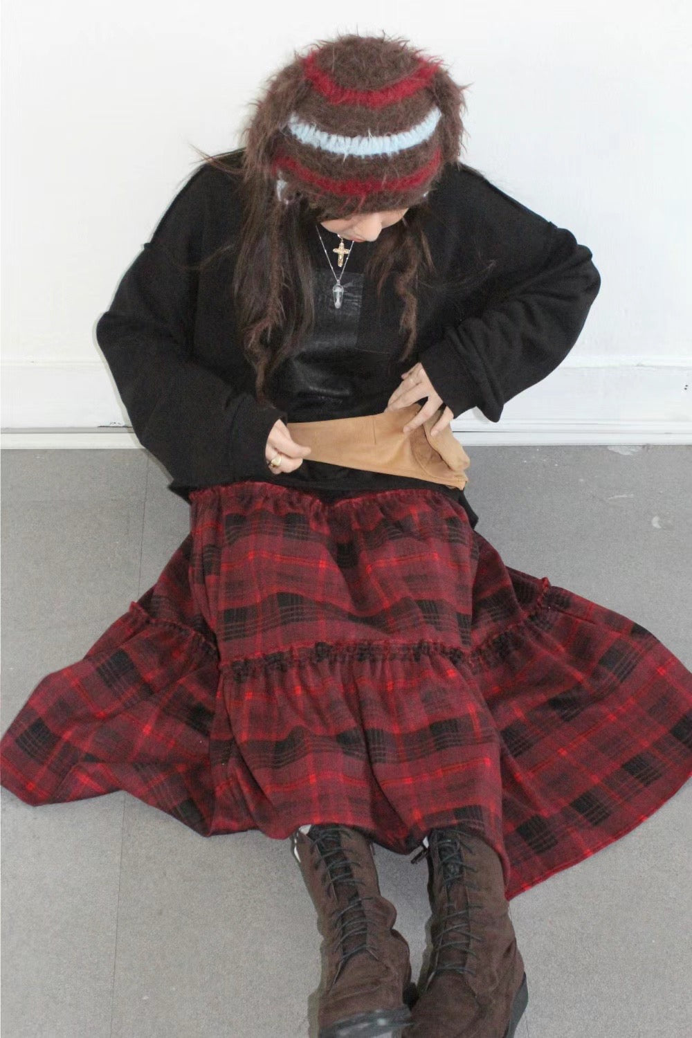 挺布料薄絨面冬日格紋半裙｜2色入