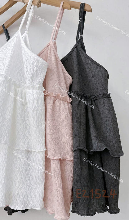 小菱格壓紋🔸荷葉吊帶layer｜3色入