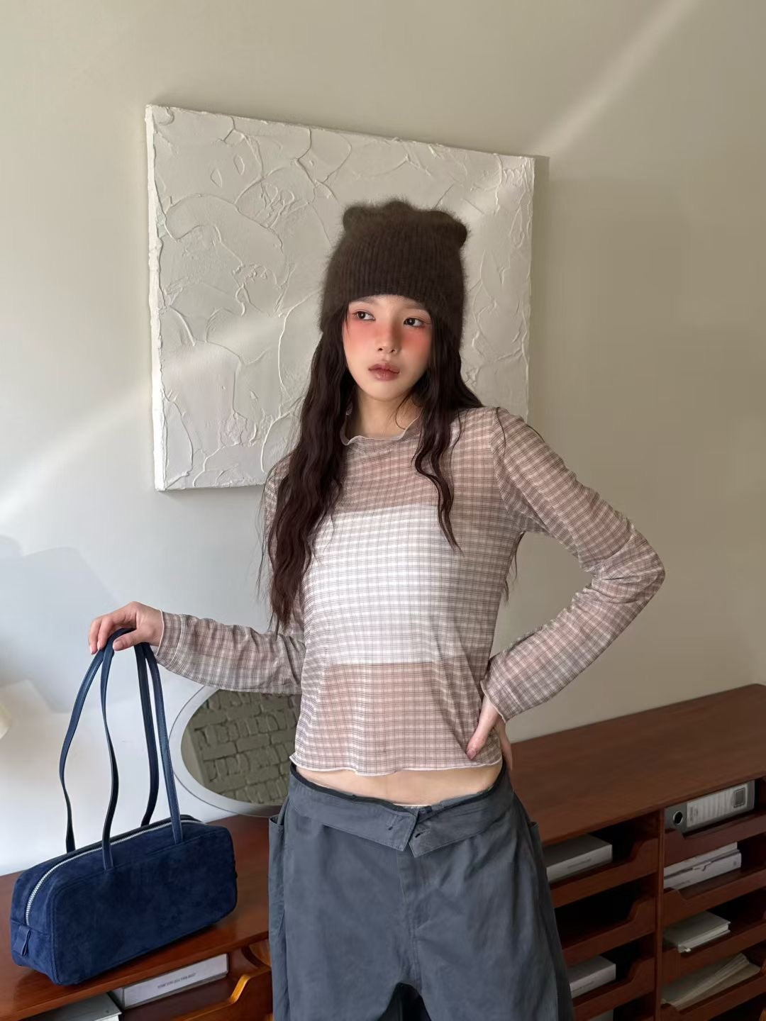 透膚格紋合身花邊top｜4色入