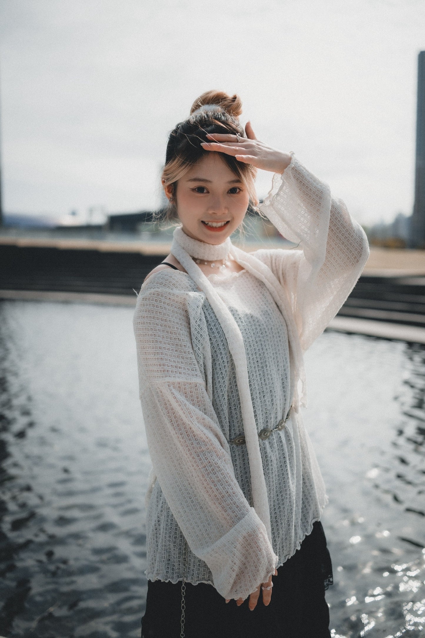 LOOSE FIT薄針織上衣 連圍巾set｜3色入