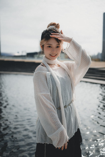 LOOSE FIT薄針織上衣 連圍巾set｜3色入