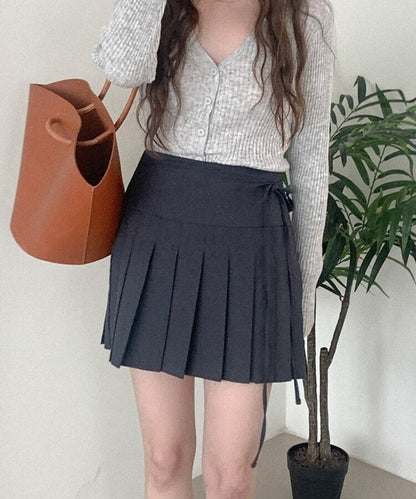 蝴蝶綁繩腰帶百褶短裙｜2色入