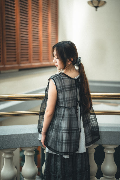 透紗珠光大格子紋背心layer｜3色入