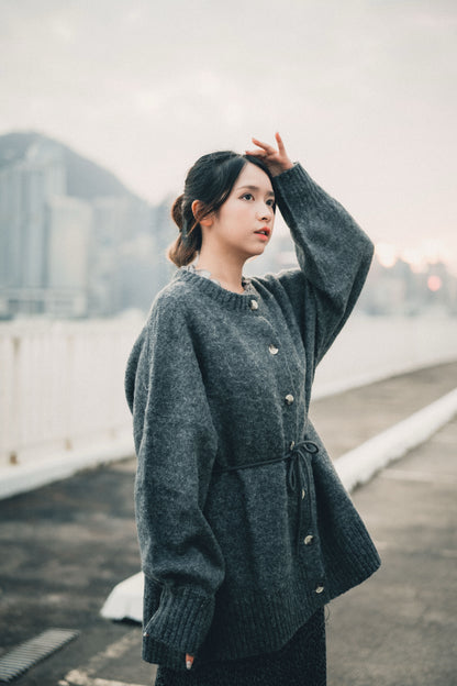 馬海毛觸感針織開襟衫搭配腰帶｜5色入