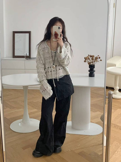 韓系溫柔鏤花綁繩針織上衣｜2色入