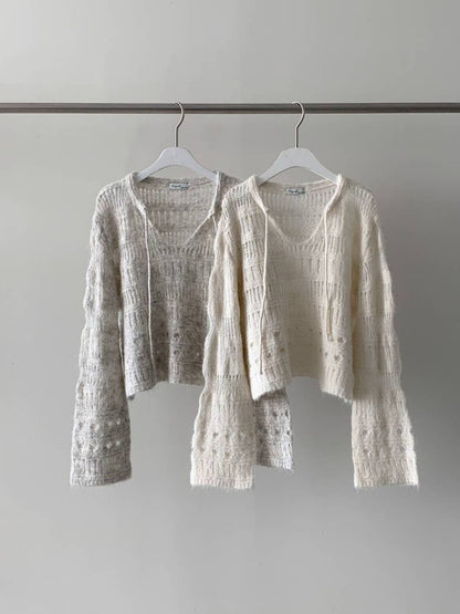 韓系溫柔鏤花綁繩針織上衣｜2色入