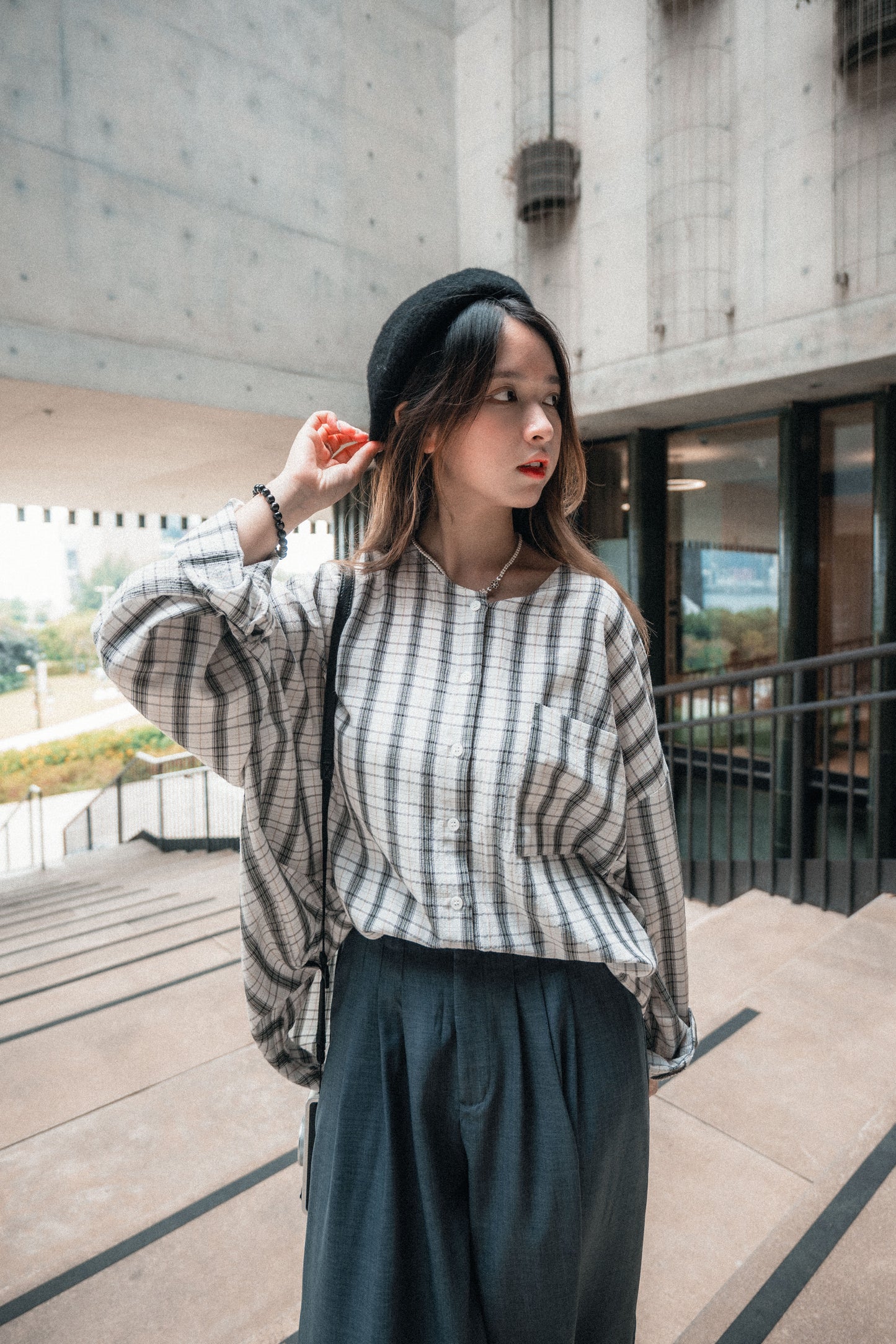 復古文青風口袋圓領格子恤衫｜3色入