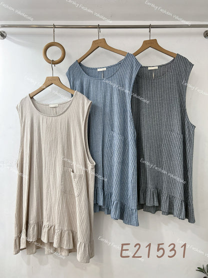 文青風👩🏻‍🎨 棉麻直紋明袋Ruffle背心外搭｜3色入