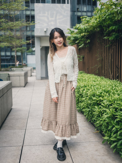 森系格子蝴蝶壓花蕾絲邊半身裙｜2